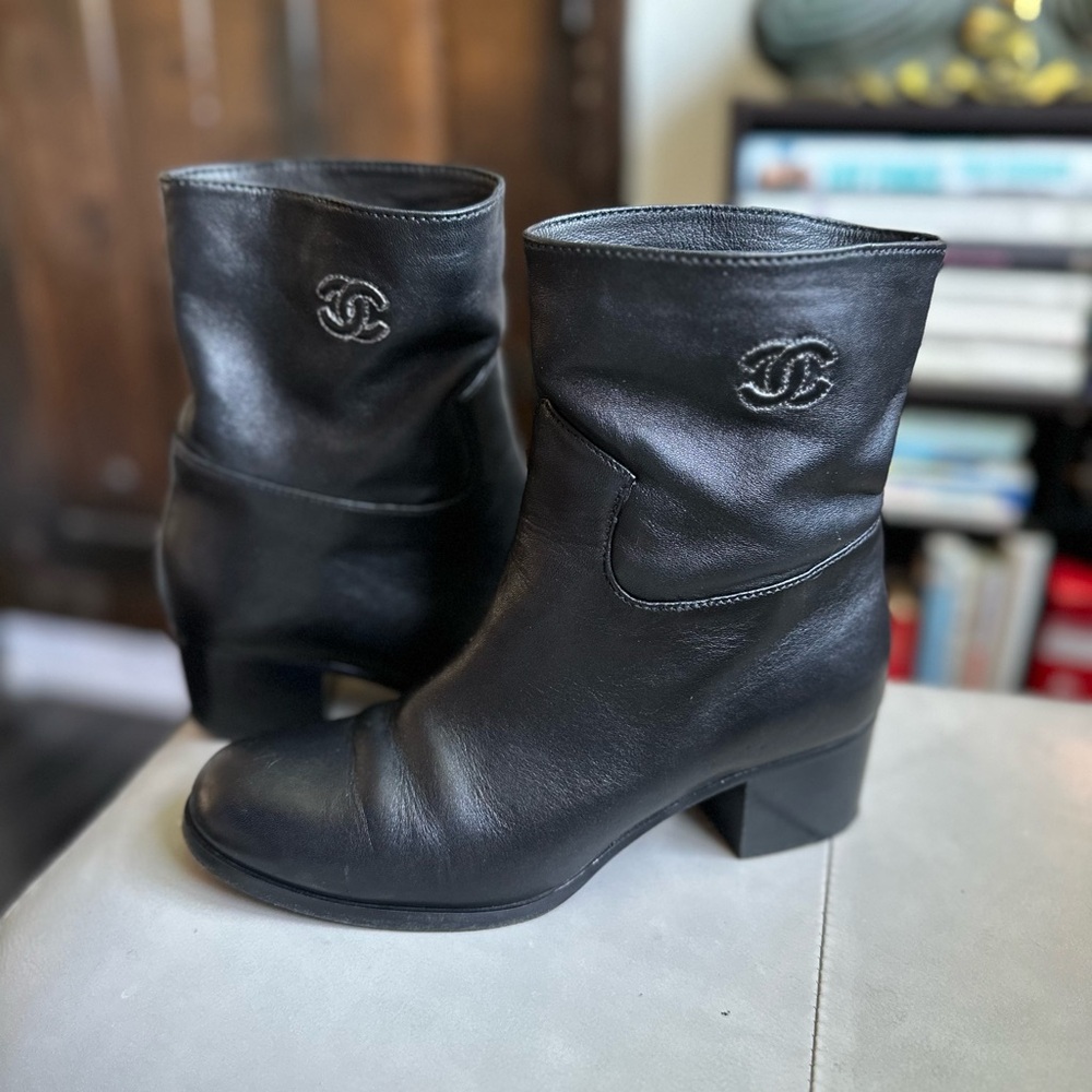 CHANEL Black Lambskin Leather Mid-Calf Heeled Booties with CC Embroidery 7.5